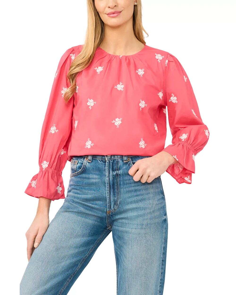 CeCe Embroidered Shirred Neck Top Pink Size M 3876